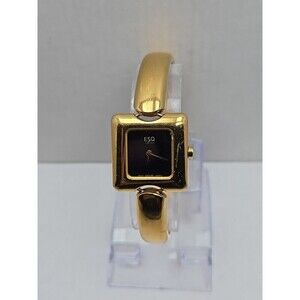 ESQ by Movado 100663 Gold Tone Bangle Cuff Watch Swiss Black Dial New Battery